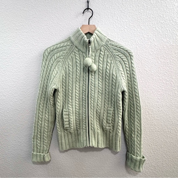 GAP Y2K Cable Knit Zip Up Sweater XS 100% Lambswool Sage Green Pom Pom Pockets - Picture 5 of 8